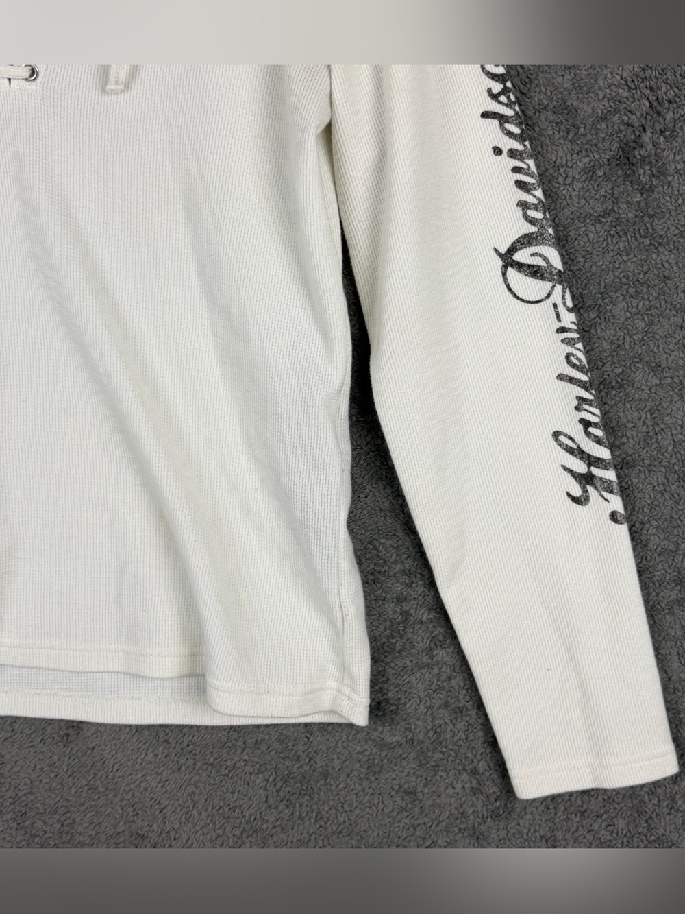 Harley Davidson White Cream Waffle Lace Up Skull Thermal Hoodie Women's Large - Picture 4 of 15